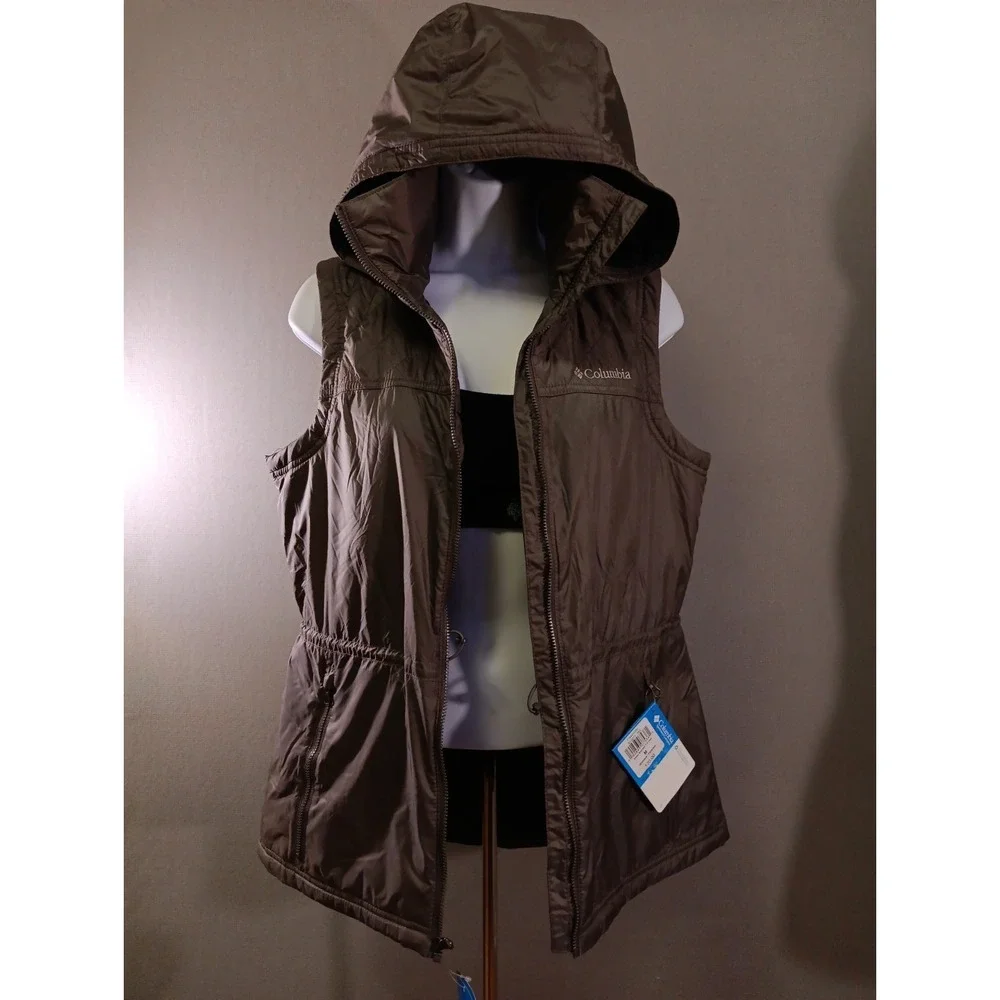 Columbia Gray Zip Up Hooded Insulated Water Resistant Vest Womens Size M Y2K NWT